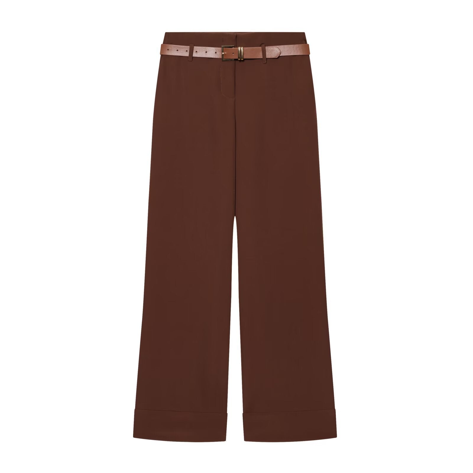 High waisted straight leg rolled edge pants with waist belt