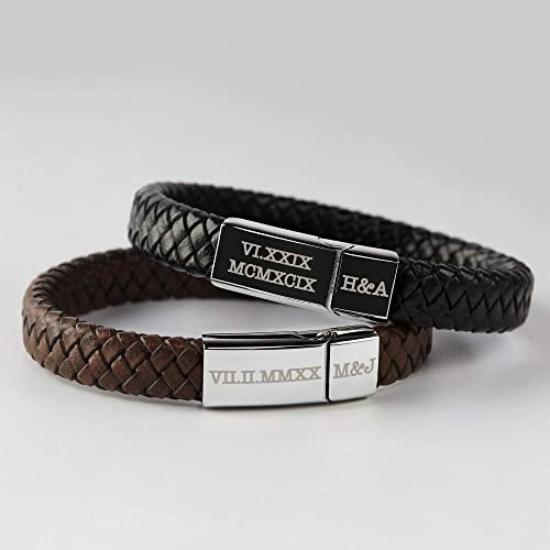 Personalized Roman Numeral Bracelet for Men – Engraved Leather Gift