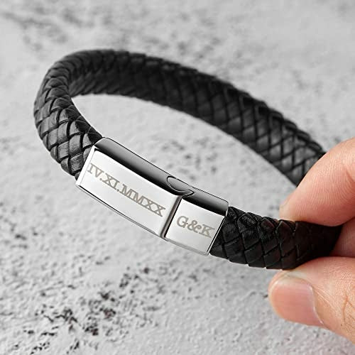 Personalized Roman Numeral Bracelet for Men – Engraved Leather Gift