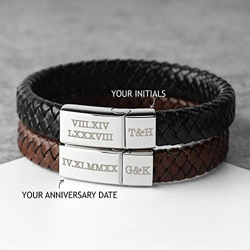 Personalized Roman Numeral Bracelet showing engraved leather with initials and anniversary dates.