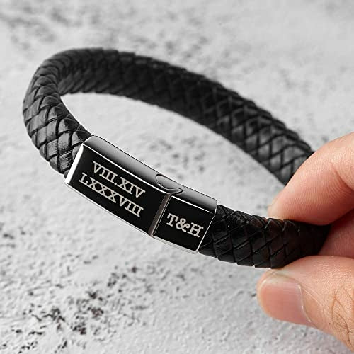 Personalized Roman Numeral Bracelet for Men – Engraved Leather Gift