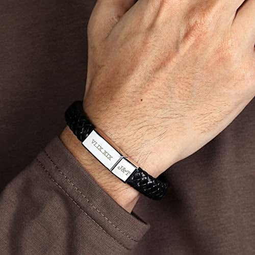 Personalized Roman Numeral Bracelet for Men displayed on hand with engraved leather design and Roman numerals.