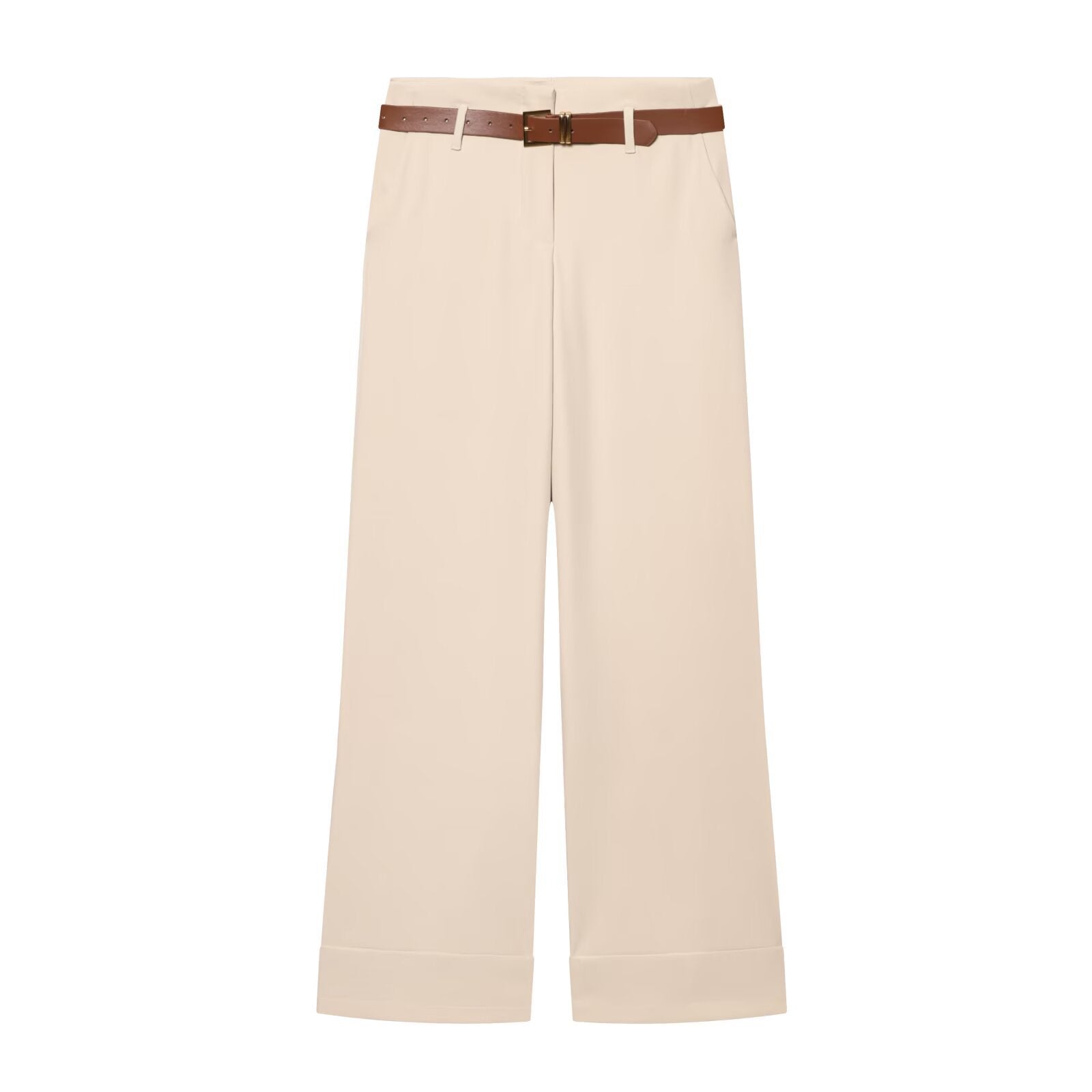 High waisted straight leg rolled edge pants with waist belt