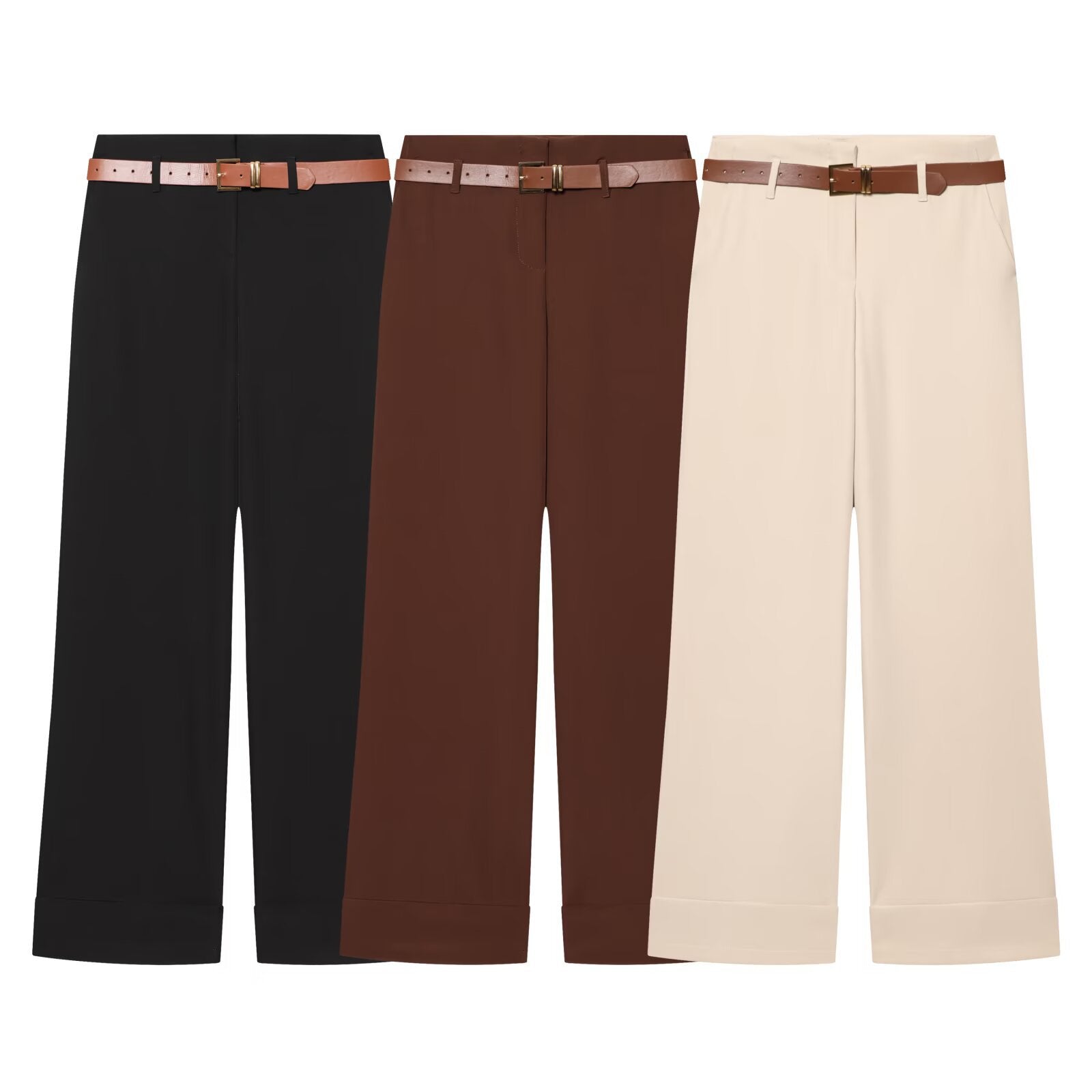 High waisted straight leg rolled edge pants with waist belt