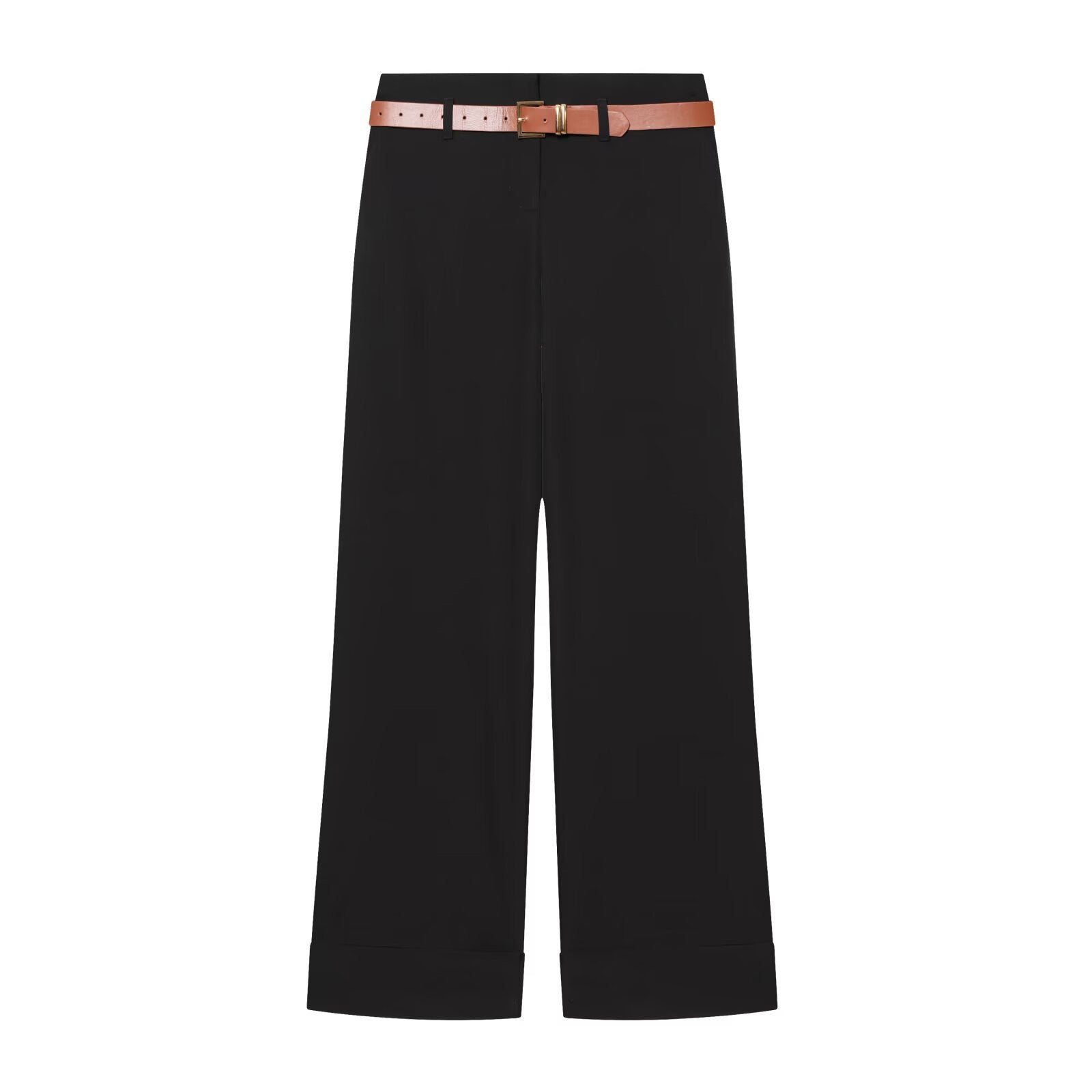 High waisted straight leg rolled edge pants with waist belt