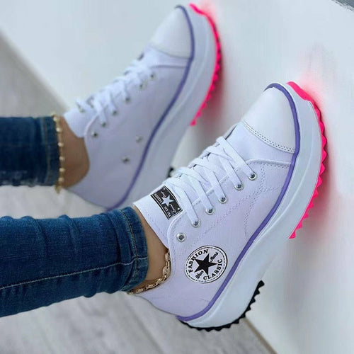 Flat Lace-Up Canvas Sneakers – Casual Sport Shoes with Pattern Design