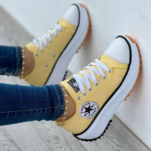 Flat Lace-Up Canvas Sneakers – Casual Sport Shoes with Pattern Design
