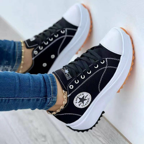 Flat Lace-Up Canvas Sneakers – Casual Sport Shoes with Pattern Design