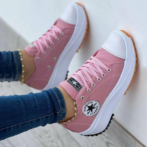 Flat Lace-Up Canvas Sneakers – Casual Sport Shoes with Pattern Design