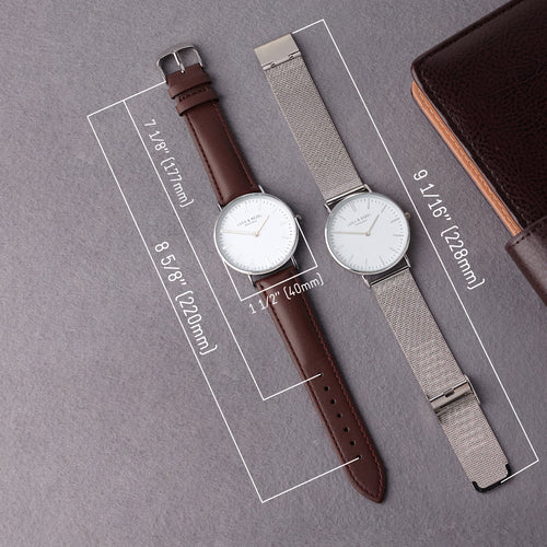 Custom Engraved Watch for Men displayed with dimensions and styles on a grey background.