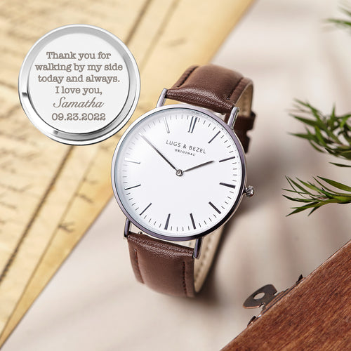 Custom Engraved Watch for Men featuring a personalized message on the back, perfect gift for special occasions.