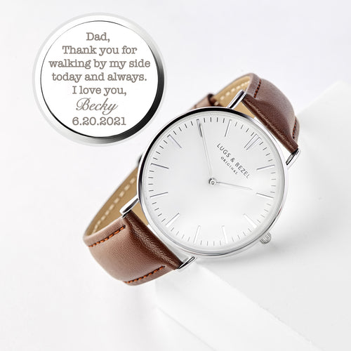Custom Engraved Watch for Men featuring personalized engraving for a heartfelt gift with leather strap.