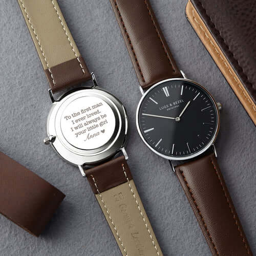 Custom Engraved Watch for Men with personalized leather straps and heartfelt message engraving.