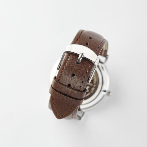 Custom Engraved Watch for Men showcasing the stylish brown leather strap and stainless steel buckle.