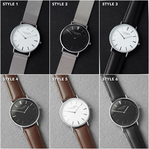 Custom Engraved Watch for Men displayed in six stylish variations for personalized gift options.